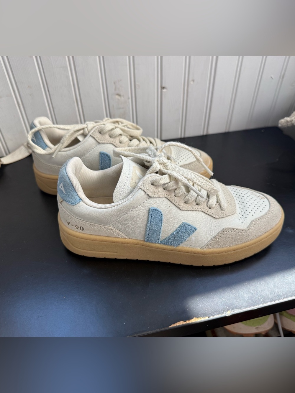 Veja V-90 Cream & Light Blue Women's Sneaker - Size 36